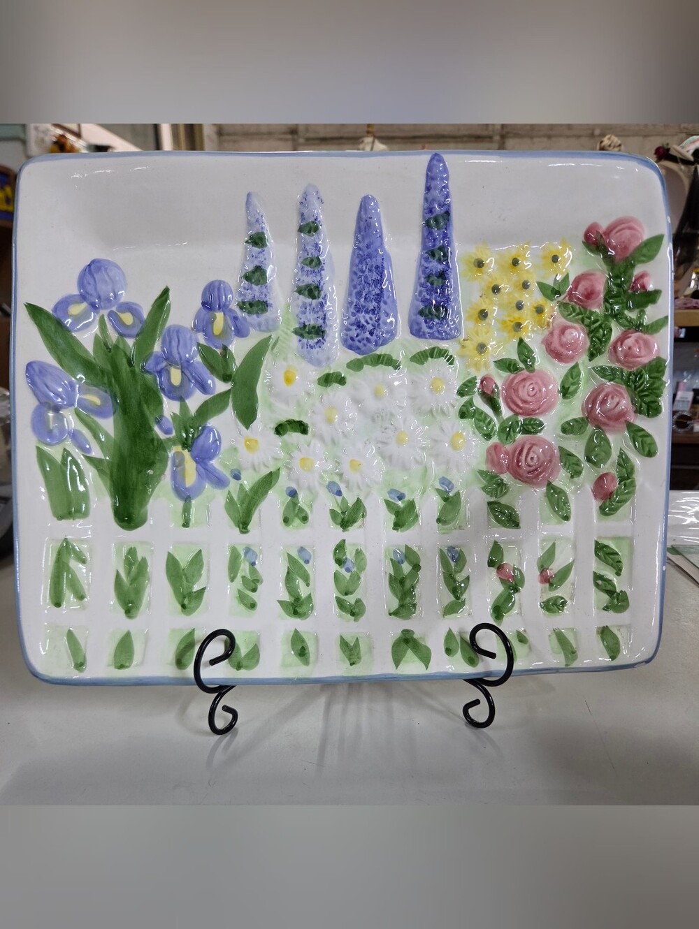 Vintage 3D Raised Ceramic Majolica Floral Platter | Garden White Picket Fence 14
